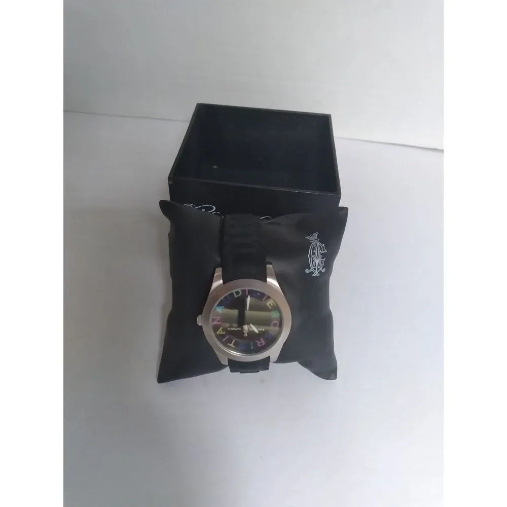 Christian Audigier Designer Watch Silver Case Black Leather Band Iridescent Face